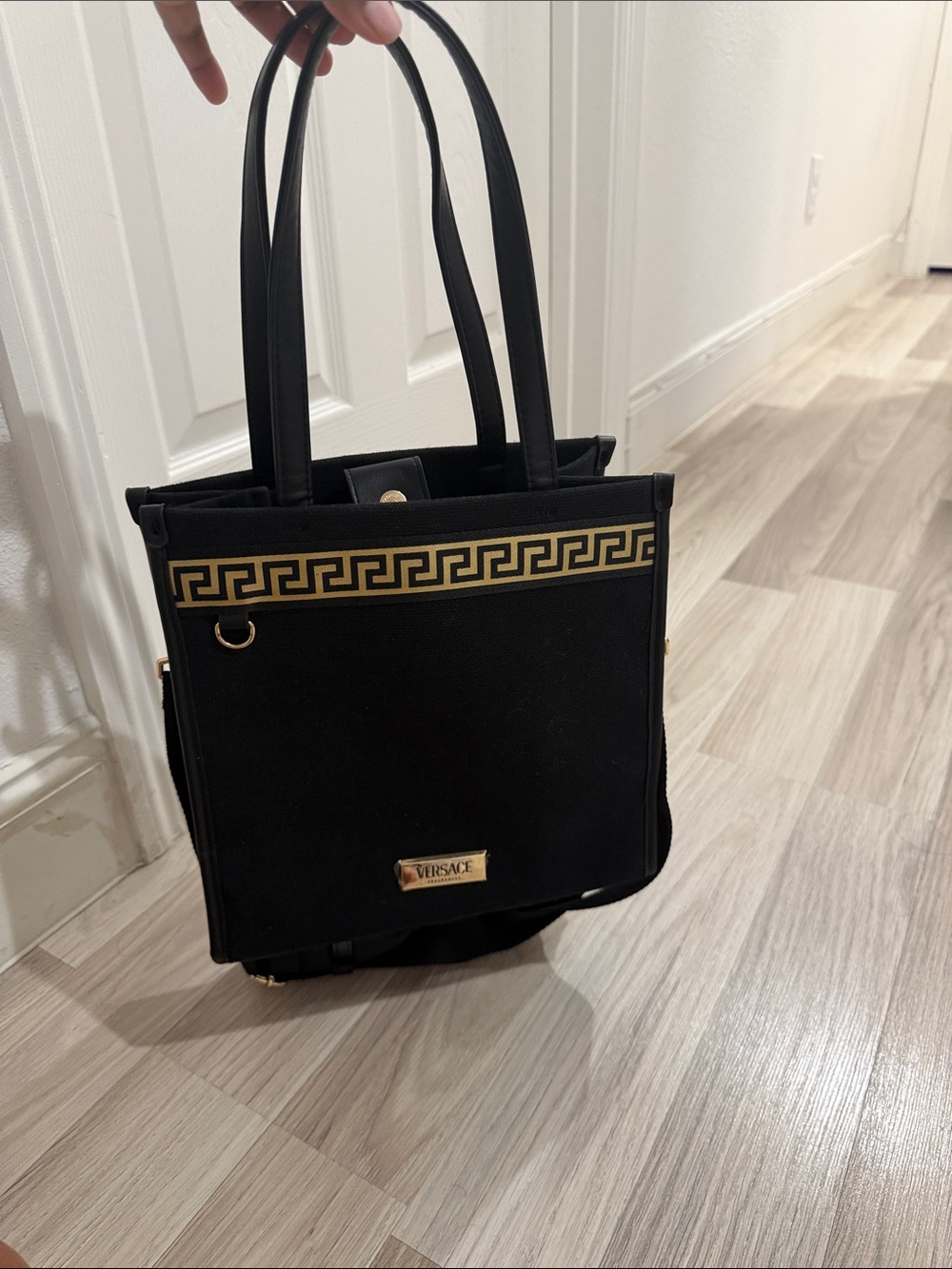 Versace Black Tote with Gold Greek Key Accent - Picture 5 of 8